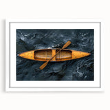 Extra large abstract art print of a rowboat in muted blues and grays on a textured canvas, ideal for living room decor.