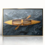 Mid-century modernist art depicting a rowboat on calm water, in soft blue and gray tones, framed in gold acrylic.