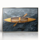 Art deco style poster of a silver-framed acrylic print featuring a rowboat, in muted blues and grays.