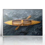 Mid-century modernist art of a rowboat on calm waters, rendered in soft blue tones on a framed acrylic.