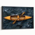 Black and white framed canvas of a vintage rowboat on calm water, ideal for bedroom wall art.