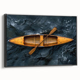 Black and white framed canvas of a vintage rowboat on calm water, ideal for bedroom wall art.