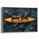 Vintage poster art of a rowboat in vibrant colors on a black background, framed canvas, ideal for living room decor.