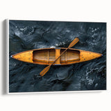 Framed canvas featuring a vintage-style landscape with a rowboat, rendered in black and white tones.