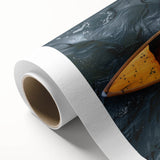 Art deco style poster of a rowboat in muted blue and gray tones on rolled canvas, ideal for nursery wall art.