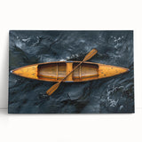 Black and white photograph of a rowboat on calm water, printed on large stretched canvas.