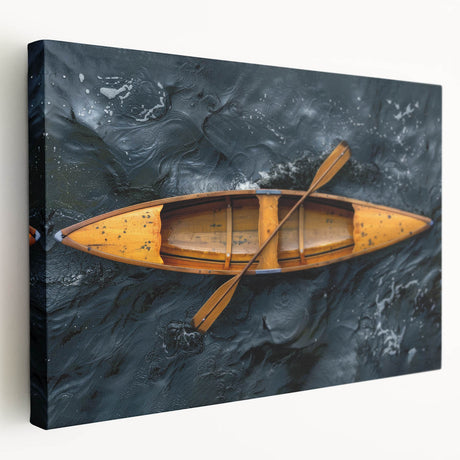 Side view of a rowboat on a lake, depicted in soft blue and gray tones on a stretched canvas, suitable for kitchen wall art.