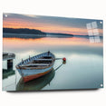 Acrylic print of a side view of a rowboat, in muted blue and gray tones, ideal for dining room decor.