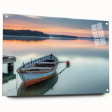 Acrylic print of a side view of a rowboat, in muted blue and gray tones, ideal for dining room decor.