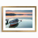 Textured art print of an abstract rowboat in muted blues and grays on a framed canvas, suitable for bedroom art.