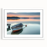 Extra large abstract art print featuring a textured rowboat, in muted gray and blue tones on a white framed canvas.