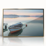 Mid-century modernist art featuring a rowboat, rendered in muted earth tones on a framed acrylic, ideal for nursery wall art.