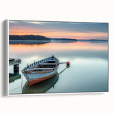 Framed canvas of a vintage rowboat in black and white, ideal for bedroom wall art.