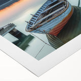 Art deco poster featuring a rowboat on calm waters, in muted blue and gray tones on rolled canvas.