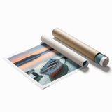 Extra large wall art featuring a rowboat on a calm lake, in muted blue and gray tones, ideal for classy bathroom decor.