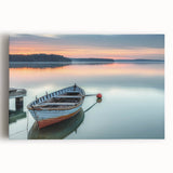 Black and white photo of a rowboat on calm water, printed on large stretched canvas, suitable for kitchen art.