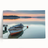 Black and white photo of rowboats on water, printed on large stretched canvas, ideal for kitchen wall art or bedroom decor.