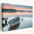 Large art print of a rowboat on water in muted blue and gray tones on stretched canvas, ideal for kitchen wall art.