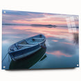 Acrylic print of a rowboat on calm waters, in muted blue and gray tones, suitable for dining room decor.