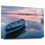 Acrylic print of a side view of a rowboat in muted blue and gray tones, suitable for bedroom or dining room decor.