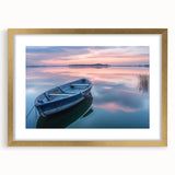 Textured art print of an abstract rowboat in muted blue and gray tones on a framed canvas, suitable for bedroom decor.