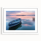 Extra large abstract art print of a rowboat, featuring textured blue and gray hues on a white framed canvas.