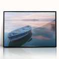 Large abstract wall art featuring a rowboat in muted gray and blue tones, acrylic print in black frame.