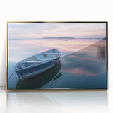 Mid-century modernist art of a rowboat in muted earth tones on a framed acrylic, ideal for nursery wall art.