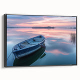 Black and white framed canvas featuring a vintage rowboat on a calm lake, ideal for bedroom wall art.