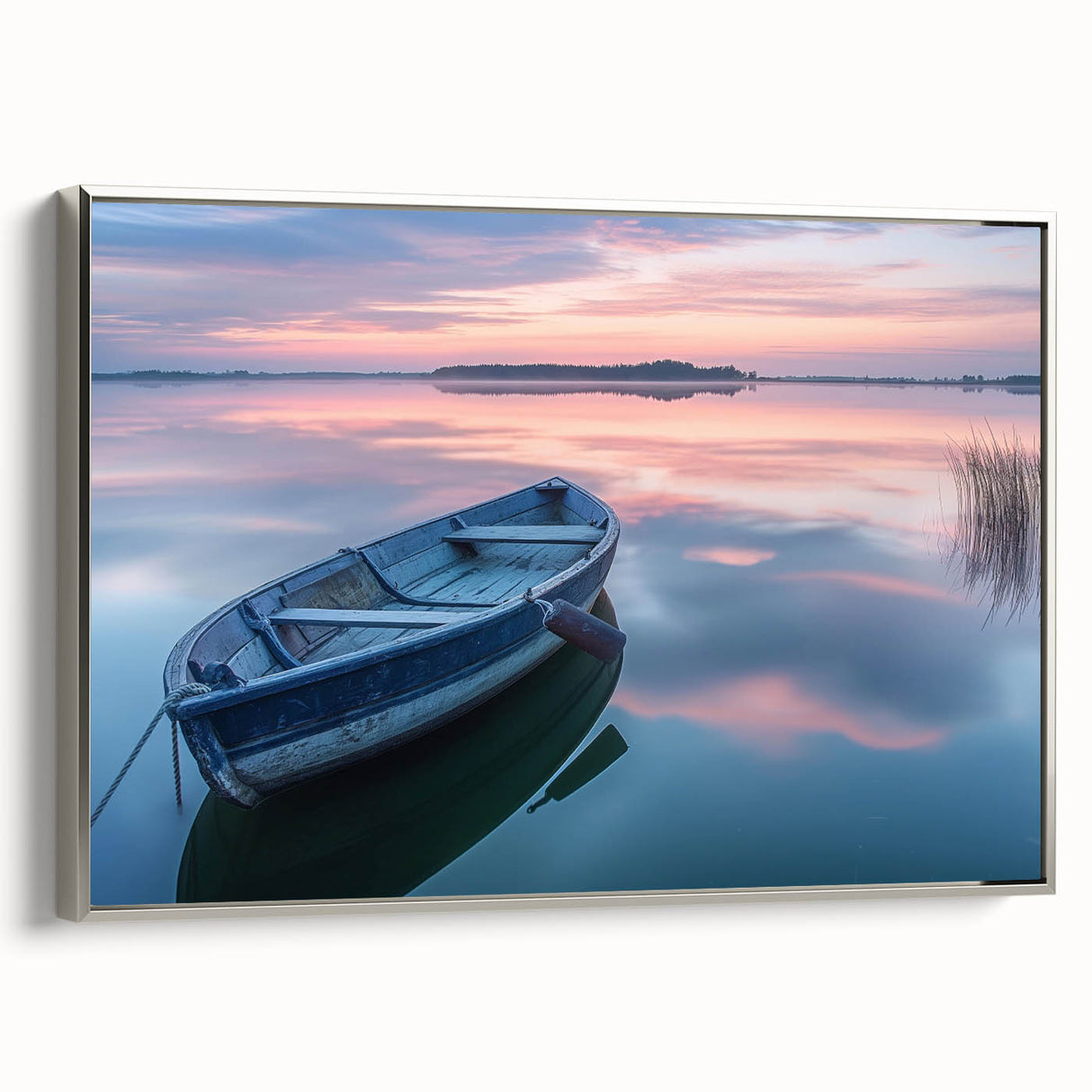 Vintage poster art of a rowboat in muted black and colorful art, framed canvas, ideal for living room decor.