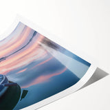 Extra large wall art depicting a rowboat on calm water in muted earth tones, printed on rolled canvas.