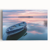 Black and white photo of a rowboat on water, printed on large stretched canvas, suitable for kitchen wall art.