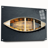 Acrylic print of a side view of a rowboat, in muted earth tones, ideal for dining room decor.
