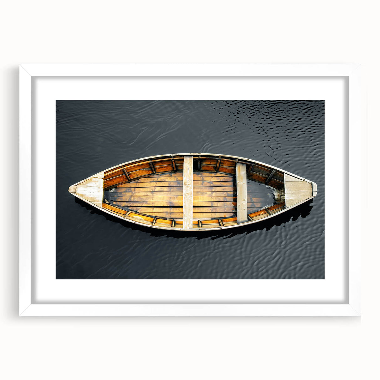 Extra large abstract art print featuring a textured rowboat, in muted earth tones on a framed white canvas.