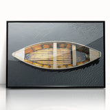 Large abstract wall art of a rowboat in muted gray and blue tones on a framed acrylic, ideal for modern living room decor.