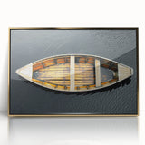 Mid-century modernist art of a rowboat in muted earth tones on a framed acrylic, ideal for nursery wall decor.