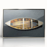 Art deco poster of a silver rowboat on acrylic, with muted blue and gray tones, ideal for modern nursery decor.