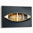 Black and white framed canvas featuring a vintage rowboat on calm water, ideal for bedroom wall decor.