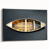 Black and white framed canvas featuring a vintage rowboat on calm water, ideal for bedroom wall decor.