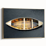 Framed canvas featuring a vintage rowboat on a lake, rendered in black with colorful accents.