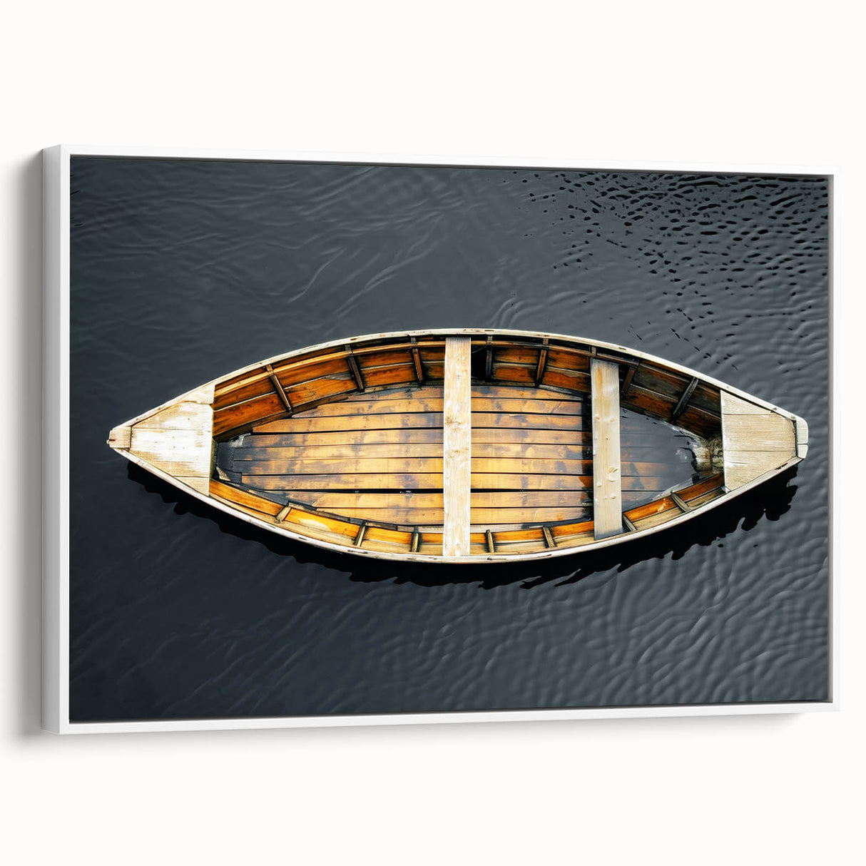 Framed canvas wall art depicting a vintage rowboat on a calm lake, in muted black and gray tones, ideal for bedroom decor.