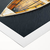 Art deco poster of a rowboat on water, rendered in muted blue and gray, on rolled canvas, ideal for dining room decor.