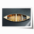 Rolled print of a rowboat on calm waters in muted blue and gray tones, ideal for dining room wall art.