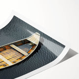 Extra large wall art depicting a rowboat in muted earth tones on a rolled canvas, suitable for large living room wall decor.