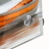 Rowboat close-up in muted gray on acrylic glass, ideal for dining room art in a mid-century modernist style.