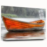 Acrylic print of a rowboat on water in muted blue and gray tones, suitable for bedroom or dining room decor.