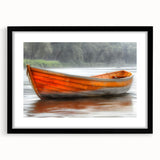 Abstract art print of a colorful rowboat on textured canvas, framed in black, ideal for extra large living room wall art.