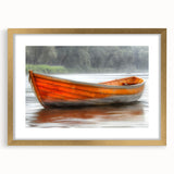 Textured art print of an abstract rowboat, featuring muted blue and gray tones on a framed gold mat.