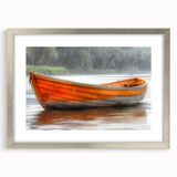 Abstract art print of a rowboat in muted blue and gray tones on a framed silver mat, ideal for dining room decor.