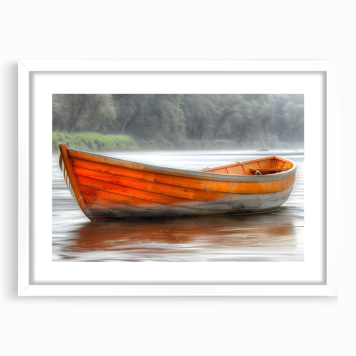 Extra large abstract art print of a textured rowboat in muted earth tones, framed in white, ideal for living room decor.
